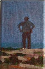 Dungeness beach UK, Colourful oil painting of a man in rapture by the sea =