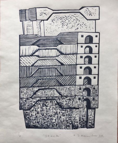 Lino cut print Troubadour stack
